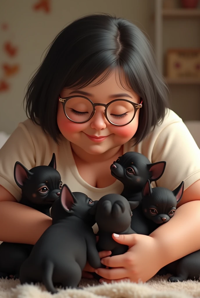 Chubby woman with short straight dark hair and glasses 6 little black chihuahua puppies