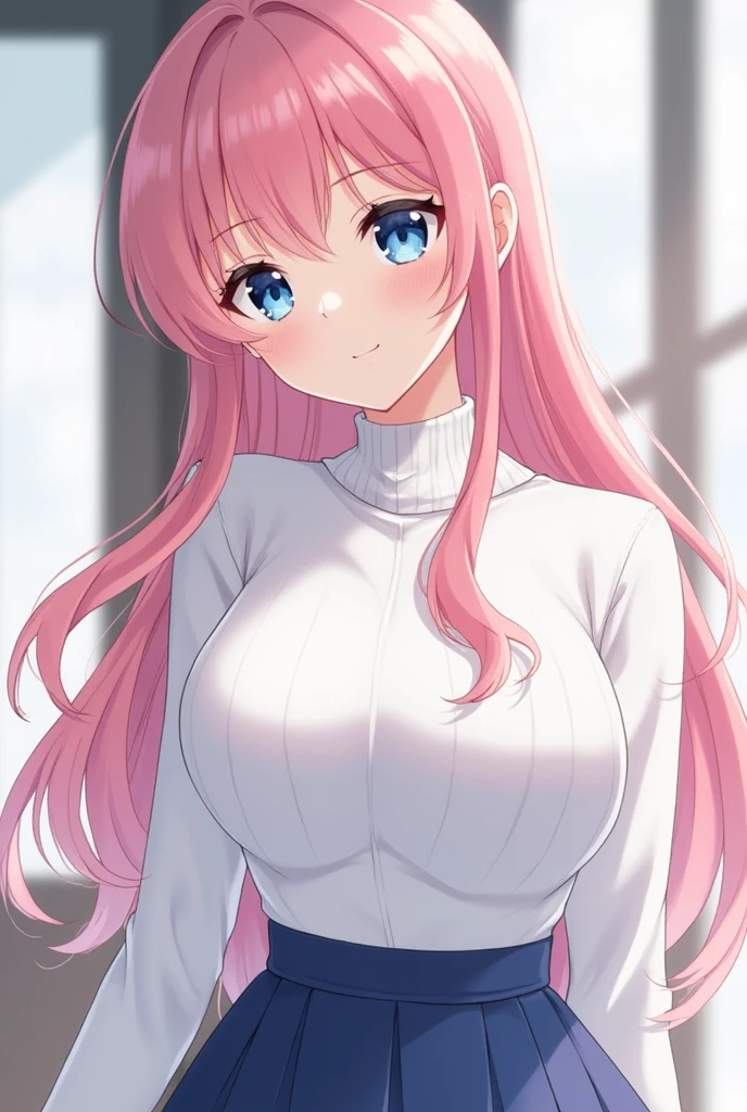 ichinose honami、Shiny pink hair, long hair、Beautiful blue eyes、Sparkling eyes、Soft texture、smile、Super detailed eyes、Highly detailed face、Very detailed eyes、White turtleneck sweater、Tight fit、Blue skirt、very big breast、Curvy figure、Slender waist、Soft skin texture、Delicate hands、Well-proportioned body.