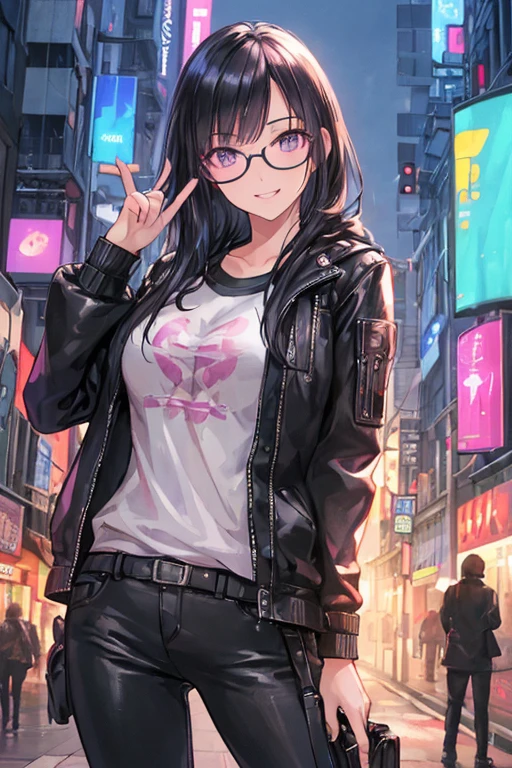 a high resolution illustration of a girl with beautiful detailed eyes, beautiful detailed lips, extremely detailed eyes and face, long eyelashes, black hair, purple eyes, wearing colored sunglasses, a leather jacket, slender figure, smiling to show her teeth, in a neon city street, anime style, (best quality,4k,8k,highres,masterpiece:1.2),ultra-detailed,(realistic,photorealistic,photo-realistic:1.37),dramatic lighting,vibrant colors,cinematic composition,cyberpunk
