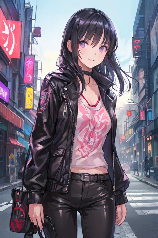 a high resolution illustration of a girl with beautiful detailed eyes, beautiful detailed lips, extremely detailed eyes and face, long eyelashes, black hair, purple eyes, wearing colored sunglasses, a leather jacket, slender figure, smiling to show her teeth, in a neon city street, anime style, (best quality,4k,8k,highres,masterpiece:1.2),ultra-detailed,(realistic,photorealistic,photo-realistic:1.37),dramatic lighting,vibrant colors,cinematic composition,cyberpunk