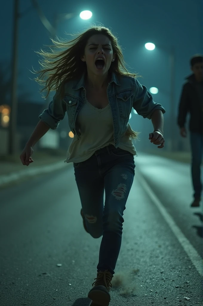 A girl running with fear in a empty road at night in low light, some peoples wanted to rape and murder her. His shirt torn from many sides