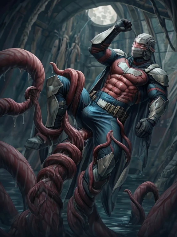 Superhero, hero, strong and robust male, Armor, Tentacle entanglement, uniform, Binding hands togethe, Foreign object invasion, monster breeding, wet, slime, tentacles, slimy tentacles, monster and human breeding, Tentacles wrapped around the body, Insert tentacles into the body, Blocked mouth by tentacles, Both hands are bound, The reproductive organs are covered in tentacles, The chest was torn apart by tentacles, Tentacles penetrate deep into clothes, Wearing pants completely, Complete wearing of trousers, Complete wearing of trousers, Do not expose the reproductive organs