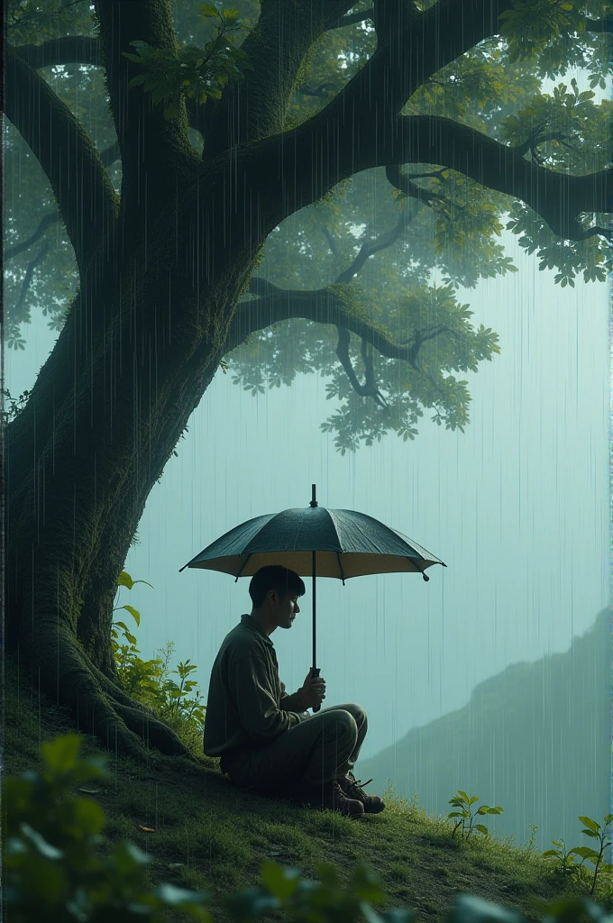 A man sitting under a tree in uphill holding an umbrella while heavy rain