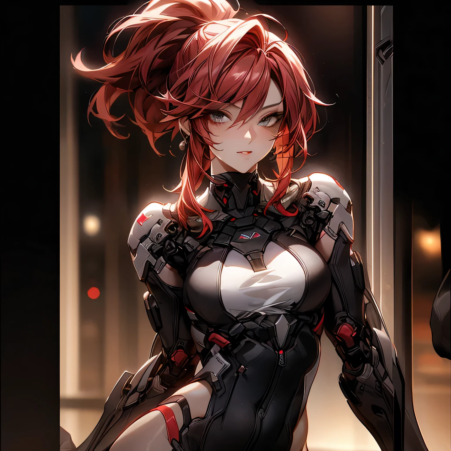 ((best quality)), ((Masterpiece)), (details:1.4), 3d, Image of a beautiful cyberpunk woman, HDR (high dynamic range), mature woman, High ponytail, Red hair, beautiful White eyes, Hips up, SWAT uniform, PBR surface, After processing, Anisotropic filtration,depth of field, Maximum clarity and clarity, multi-layered surface, perfect proportions, 8K raw files, cyberpunk, at night, ผมหลายชั้น,  กระโปรงสั้น, natural lighting, soft lighting, sunlight, หน้าอกใหญ่,