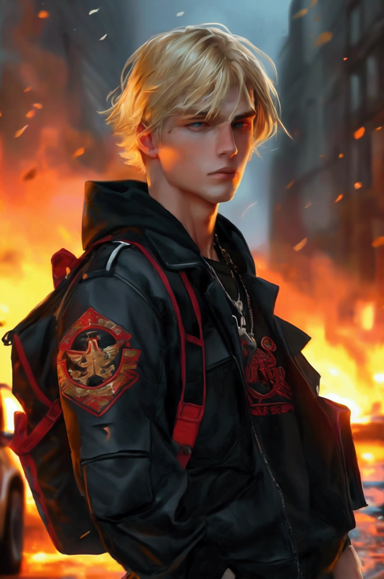 Close-up and front view of a young adult with an athletic body, clearly masculine with marked features, 1,9 meters, blonde hair and blue eyes, Fade hair cut, Russian ancestry, He wears a black varsity jacket with red details, Inside he is wearing a black t-shirt with what appears to be a military logo., a large backpack on his back and a 9mm in a cross-body holster. apocalipsis zombie. evening. city. Car on fire. sportsman.