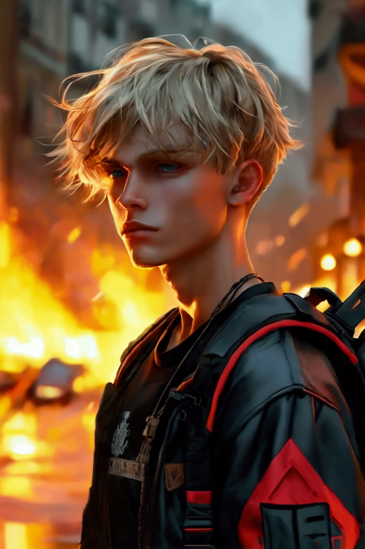 Close-up and front view of a young adult with an athletic body, clearly masculine with marked features, 1,9 meters, blonde hair and blue eyes, Fade hair cut, Russian ancestry, He wears a black varsity jacket with red details, Inside he is wearing a black t-shirt with what appears to be a military logo., a large backpack on his back and a 9mm in a cross-body holster. apocalipsis zombie. evening. city. Car on fire. sportsman.