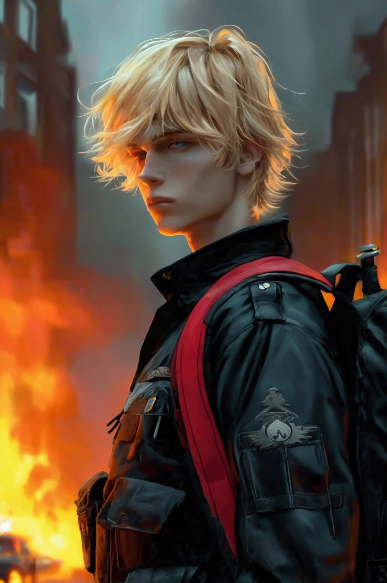 Close-up and front view of a young adult with an athletic body, clearly masculine with marked features, 1,9 meters, blonde hair and blue eyes, Fade hair cut, Russian ancestry, He wears a black varsity jacket with red details, Inside he is wearing a black t-shirt with what appears to be a military logo., a large backpack on his back and a 9mm in a cross-body holster. apocalipsis zombie. evening. city. Car on fire. sportsman.