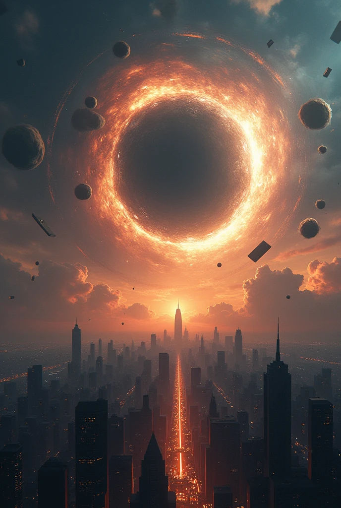 World, Galatic background, skyfall, metoride, bullets fall from the sky, chaos, at the city, blackhole at the sky, Valhalla view, screnery only, there's a star in the middle of the blackhole,