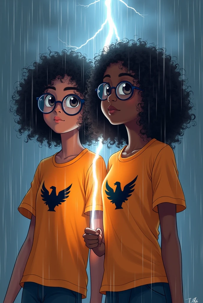 2 girl wearing glasses curly hair to shoulder dark skin brown eyes orange t-shirt with black Pegasus symbol in the rain looking to the side lightning in the sky wet rain holding a lightning bolt