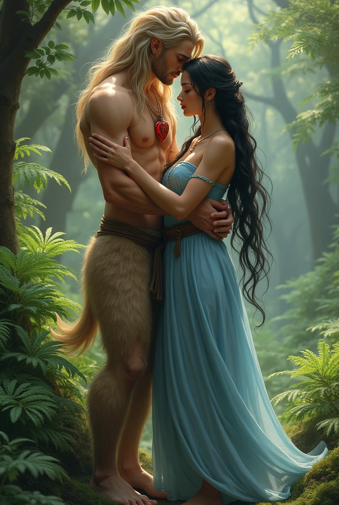 A handsome young man with long beige hair down to his knees. He is bare-chested and tanned.. He has brown furry legs with hooves., he is still a faun or a satyr. He is only , he is a very young satyr. It is very beautiful. He is very young.. Facial features are masculine, Asian. He has a red heart pendant on his chest.. He stands in a forest of ferns, and a woman hugs him. The woman has tanned skin, two long black thick braids down to the ground, Eyes black. She is dressed in a blue floor-length tunic with a brown belt.. On her head she has a thin and light transparent veil that reaches to the ground.. Shoes women brown sandals.