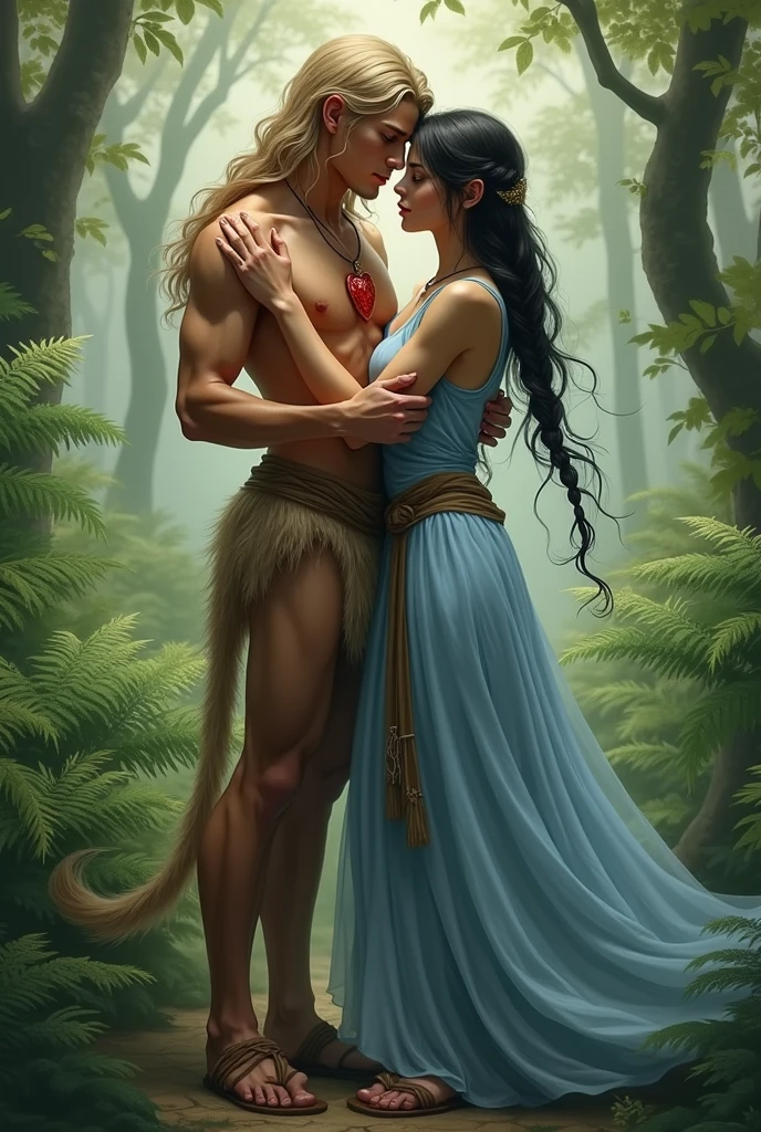 A handsome young man with long beige hair down to his knees. He is bare-chested and tanned.. He has brown furry legs with hooves., he is still a faun or a satyr. He is only , he is a very young satyr. It is very beautiful. He is very young.. Facial features are masculine, Asian. He has a red heart pendant on his chest.. He stands in a forest of ferns, and a woman hugs him. The woman has tanned skin, two long black thick braids down to the ground, Eyes black. She is dressed in a blue floor-length tunic with a brown belt.. On her head she has a thin and light transparent veil that reaches to the ground.. Shoes women brown sandals.