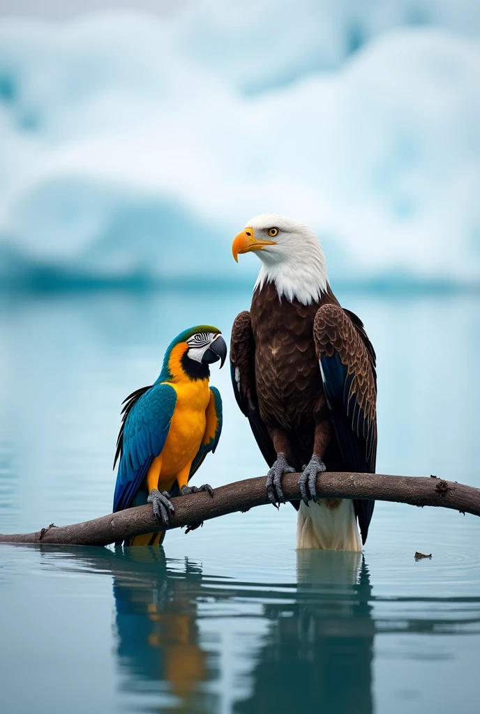A photo of a macaw and a bald eagle perched on a branch sticking out of a clear glacier in Antarctica. The branch is partially submerged in the icy water. The macaw has bright blue and yellow feathers, while the bald eagle has white feathers with dark tips. The background reveals the vast, icy landscape of Antarctica.