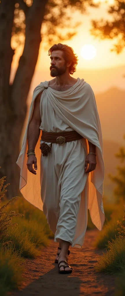Front view , Full-body, looking away sing a bard ,, maybe BC 800 years ,sole, poet, Greek man, his name is Homers , walking , contemplation, in an ancient Greek forest, (50 years-old, handsome, wave perm , brown hair , Serious, ), normal body, ((An ancient Greek emperor wearing traditional imperial wear, White crock)), normal sandal, sunset, ,(Textured skin , HI Detail Skin, (Shorthand, Canon, 8k, Anatomically correct, Super Detail, Attention to detail, Your Highness)