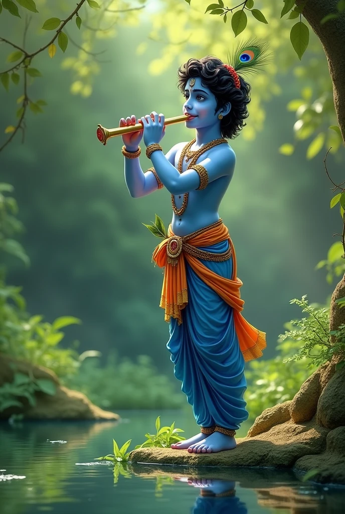 Lord Krishna Standing near a green pond playing the flute looking fordward