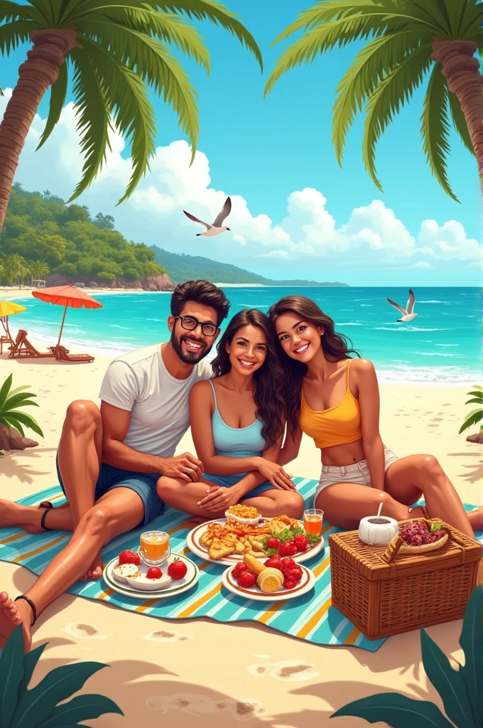 Generate me a cartoon picture of 3 couples going a picnic in a sea side.suitable for a cover photo of whatsapp group cover photo.Generate this photo as a selfy photo.trip is to unawatuna beach srilanka.only one guy is wearing spectacles.other two guys are not wearing spectacles.there should total 3 couples
