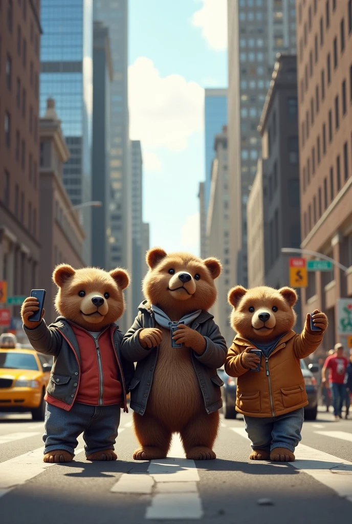 create 4 images in which 3 bear taking selfie at new york downtown in different pose style