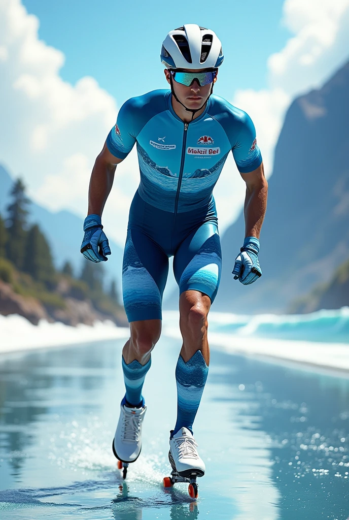 Colorful inline speed skating skill suit set, short-sleeved shirt and shorts, with sea and mountain patterns, cool and visible from both the front and back.