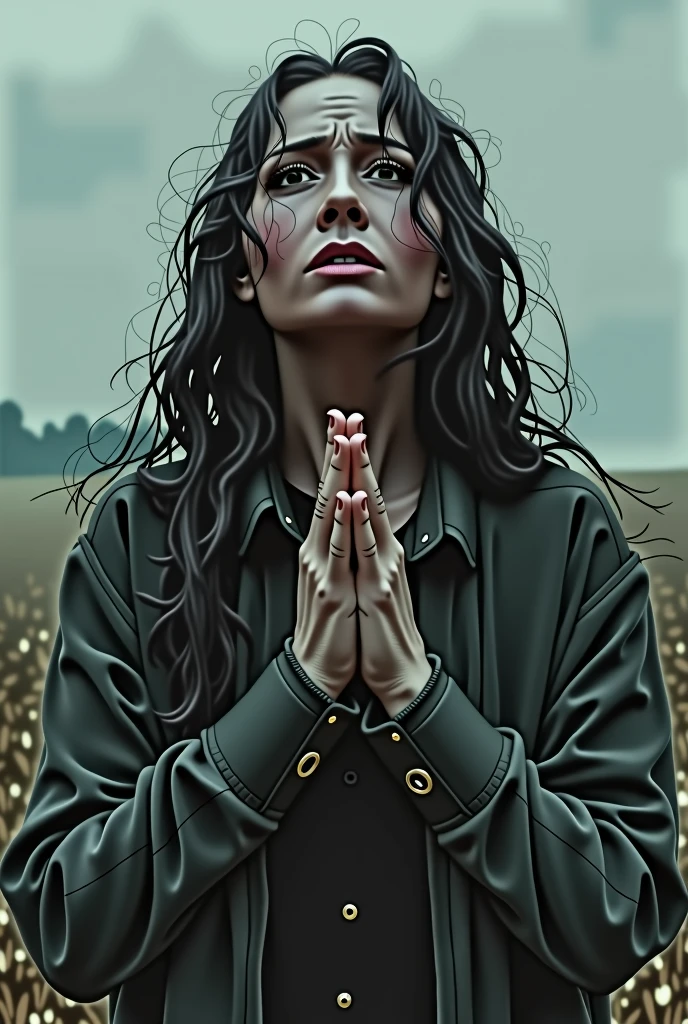 A woman in grief clasps her hands together and looks up to the sky