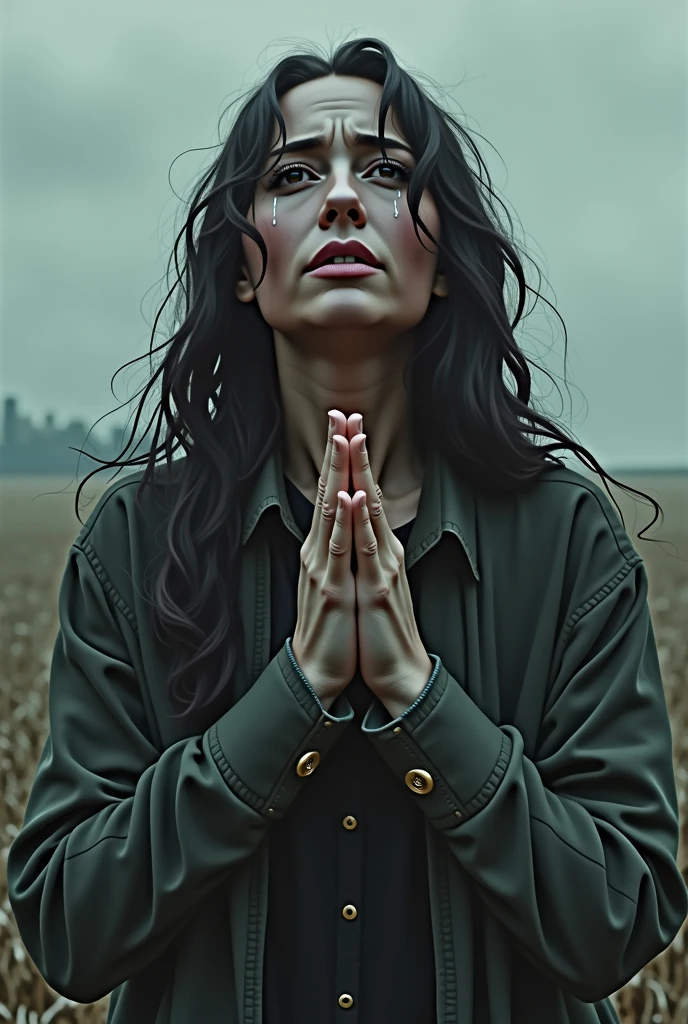 A woman in grief clasps her hands together and looks up to the sky