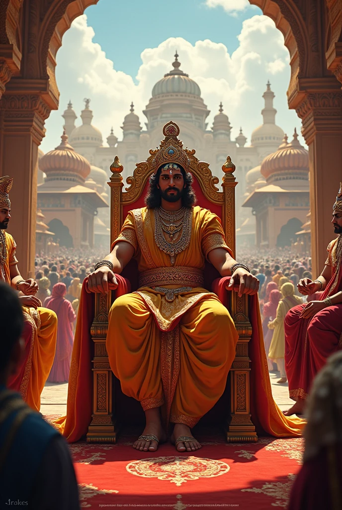 Mathura City and King Ugrasena's Court:
A bustling ancient Indian cityscape with traditional architecture, marketplaces, and people in traditional attire. In the foreground, a grand royal court with King Ugrasena seated on a majestic throne, surrounded by courtiers.