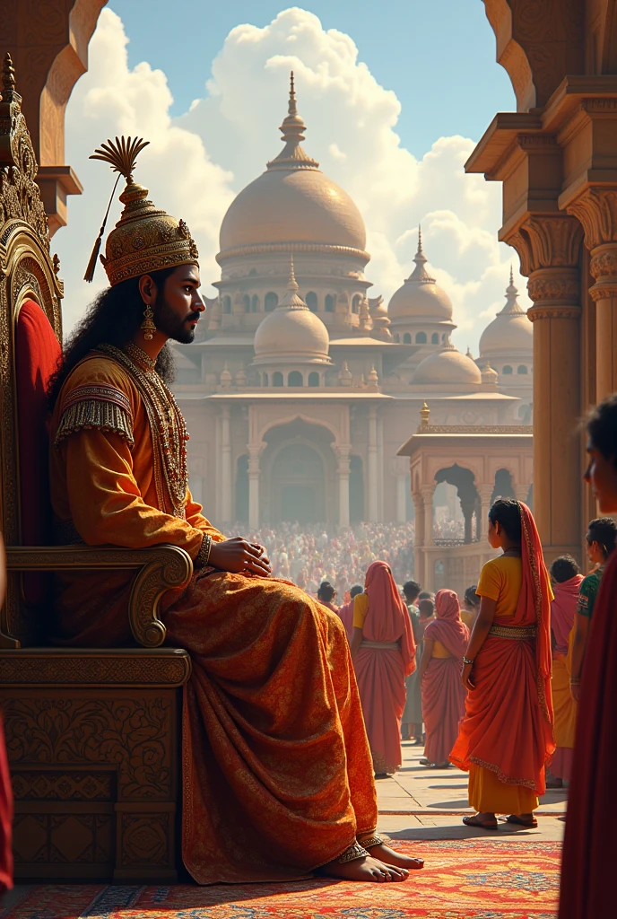 Mathura City and King Ugrasena's Court:

A bustling ancient Indian cityscape with traditional architecture, marketplaces, and people in traditional attire. In the foreground, a grand royal court with King Ugrasena seated on a majestic throne, surrounded by courtiers.