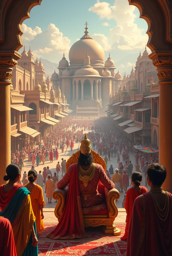 Mathura City and King Ugrasena's Court:

A bustling ancient Indian cityscape with traditional architecture, marketplaces, and people in traditional attire. In the foreground, a grand royal court with King Ugrasena seated on a majestic throne, surrounded by courtiers.