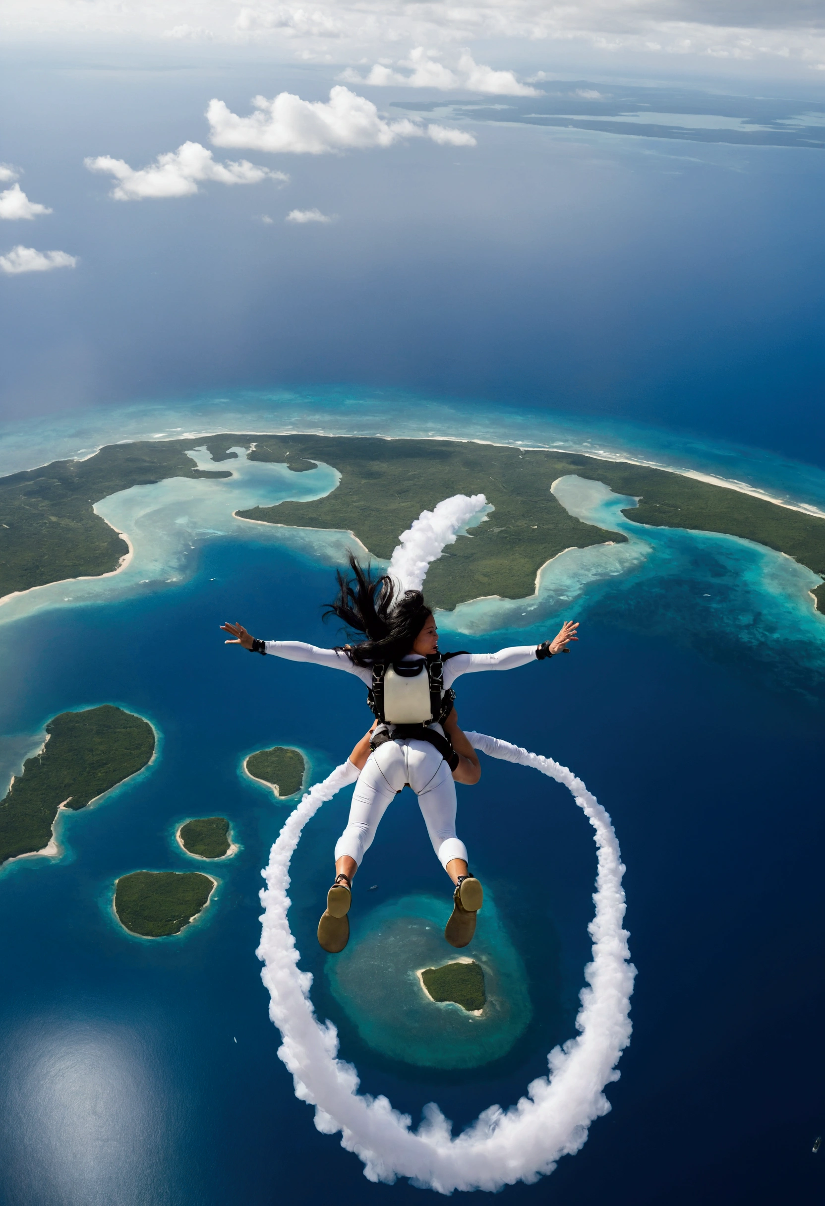 A woman in a white dress skydiving, showing the island below,long black hair, Shooting from behind