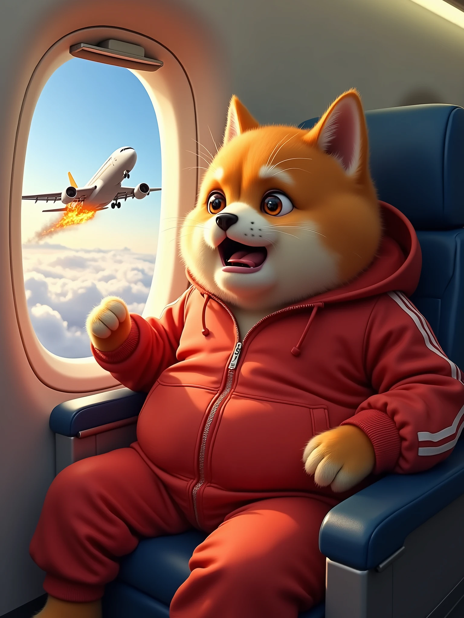 Envision a cartoonish, chubby dog with vibrant ginger fur. This dog bears the characteristics of a real-life British cat, complete with brown eyes. It's dressed in a bright red track suit. The scene is set inside an airplane with the cat seated next to a window, looking out. The airplane is airborne, soaring amongst the clouds. Outside the window, under the wing, the plane's engine is ablaze. The cat, panic-stricken, screams in horror, with its paws lifted in the air. The image emulates the styles of hyperrealism and photorealism, demonstrating an aesthetic beauty, simply realistic with high resolution and detailed precision. 