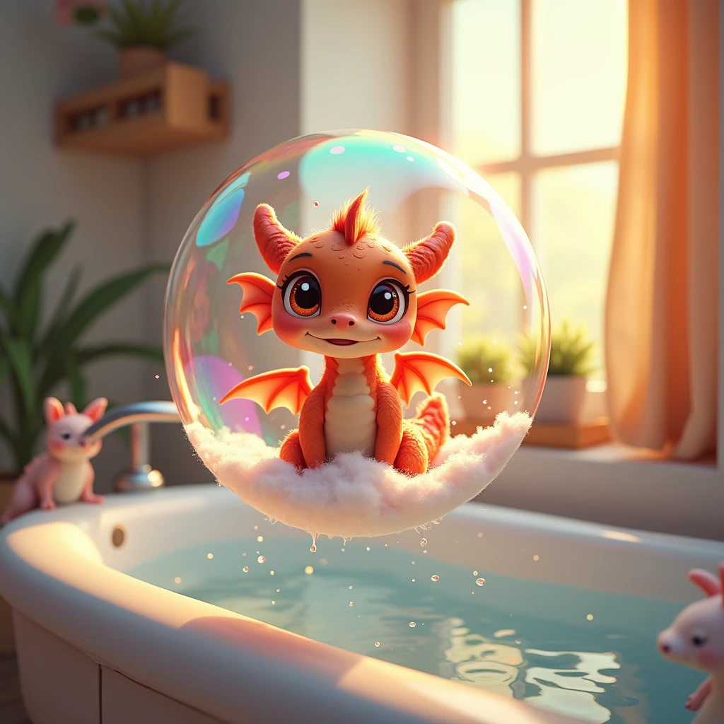 Bébé Dragon Furry Flottant dans une Bulle de Savon**
 Un petit dragon au pelage duveteux, flottant dans une bulle de savon colorée, avec des éclats d’arc-en-ciel autour de lui. Ses grands yeux de chaton brillent d’étonnement, tandis qu'il s'amuse dans une salle de bain douillette et baignée de lumière douce. (portrait pour capturer la hauteur de la bulle)