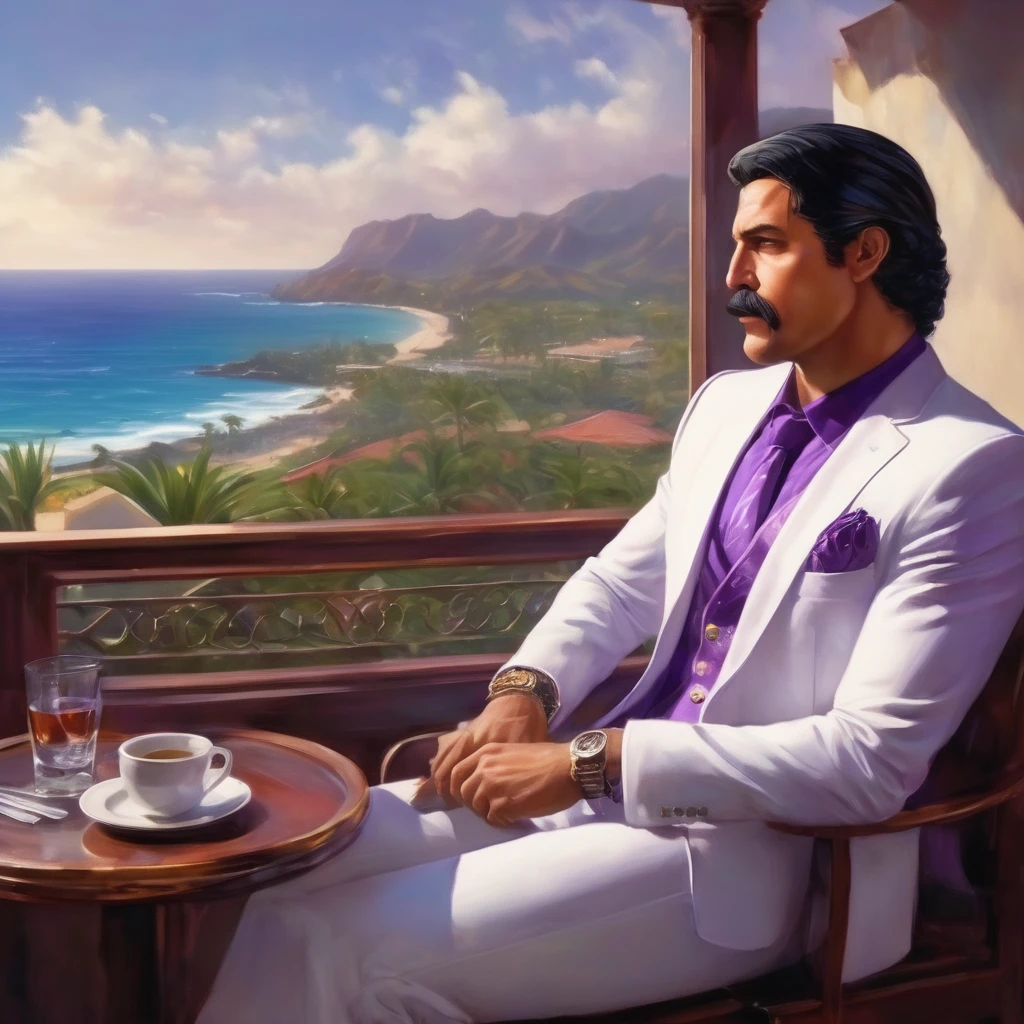 (obra maestra, Mejor calidad:1.2), 1 chico, thenahualli, serious, dangerous man, elegant, elegante, white suit, purple shirt, sit, luxury restaurant, views of the sea in background, big windows, (((indoor))), Hawaii, (((realistic, detailed, photorealistic)))