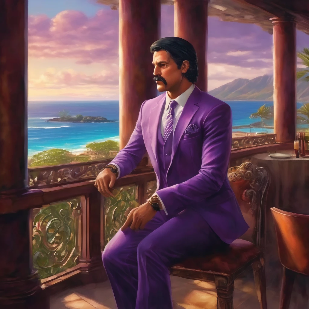 (obra maestra, Mejor calidad:1.2), 1 chico, thenahualli, serious, dangerous man, elegant, elegante, white suit, purple shirt, sit, luxury restaurant, views of the sea in background, big windows, (((indoor))), Hawaii, (((realistic, detailed, photorealistic)))