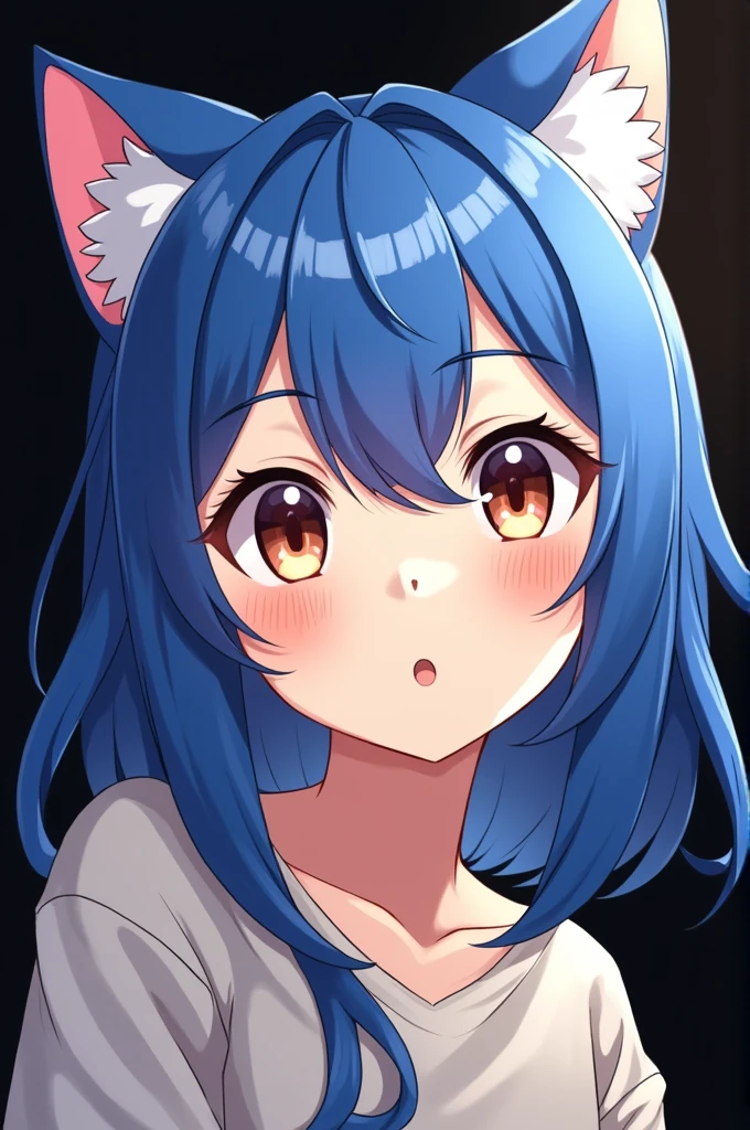 ear blush, by rubio, by the wide, swept bangs, Non-matching pupils, Sanpaku, cat ears, smile, animated style, tachi-e, High Definition, Black background, blue hair