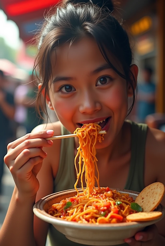 A person eating seblak