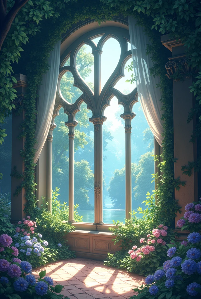 Create a 4k resolution anime-style logo that combines nature and magic with an art gallery aesthetic. Visualize an art gallery nestled within a lush, enchanted landscape. The gallery should have large, ornate windows with magical, shimmering curtains. Display fantastical art pieces on the walls, such as ethereal landscapes or enchanted creatures, surrounded by soft, glowing lights. Incorporate nature-inspired elements like vines and flowers framing the art gallery. The design should be detailed and vibrant, capturing both the magic of nature and the elegance of an art gallery