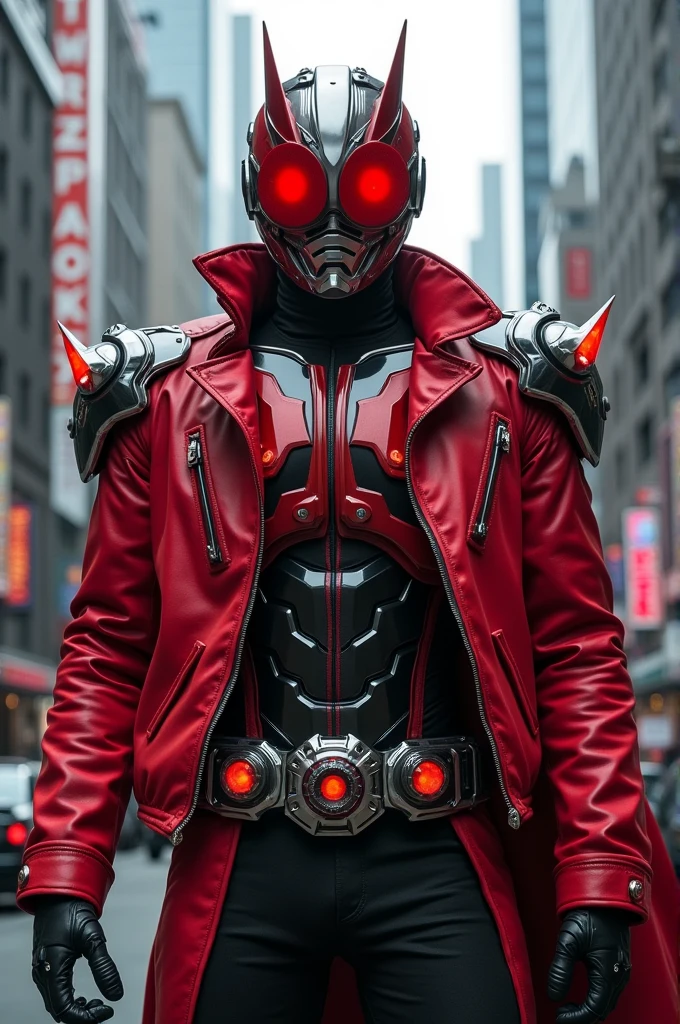 Kamen Rider with cyclops glasses, Red jacket with armor and the helmet is closed 