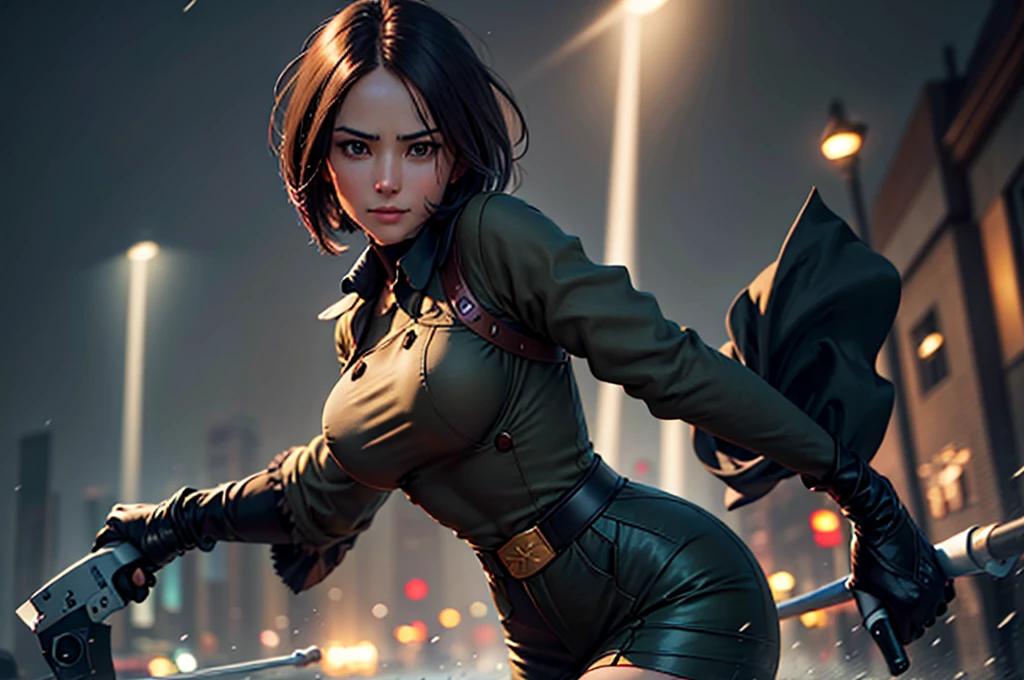 (at night), in a video game scene in the background, a beautiful city at night, raining, alone, standing looking straight ahead, military clothing with military green skirt and pants, black gloves, semi-short hair, ((semi-short hair)), 1 girl, 30 years old, young woman, perfect hands, Beautiful fingers, Beautiful long legs, Beautiful body, Beautiful nose, Beautiful character design, perfect face, looking straight at the viewer with a serious gesture and very upset, she has a black whip in her hand (focusing on her face), mouth closed, light_smile, official art, extremely detailed CG unity 8k wallpaper, perfect lighting, bright and colorful front lighting, shiny skin (artwork master: 1.0), (Best_quality: 1.0), ultra High resolution, 4k, ultra detailed photography, 8K, hdr, High resolution, Nonsense:1.2, Kodak portrait 400, film grain, Blurred background, bokeh:1.2, Flash lens, (vibrant_color:1.2), professional photography, (Beautiful, breasts: 1.4), (Beautiful_face: 1.5), (narrow waist),
