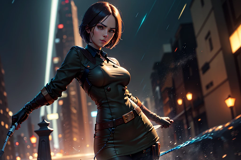 (at night), in a video game scene in the background, a beautiful city at night, raining, alone, standing looking straight ahead, military clothing with military green skirt and pants, black gloves, semi-short hair, ((semi-short hair)), 1 girl, 30 years old, young woman, perfect hands, Beautiful fingers, Beautiful long legs, Beautiful body, Beautiful nose, Beautiful character design, perfect face, looking straight at the viewer with a serious gesture and very upset, she has a black whip in her hand (focusing on her face), mouth closed, light_smile, official art, extremely detailed CG unity 8k wallpaper, perfect lighting, bright and colorful front lighting, shiny skin (artwork master: 1.0), (Best_quality: 1.0), ultra High resolution, 4k, ultra detailed photography, 8K, hdr, High resolution, Nonsense:1.2, Kodak portrait 400, film grain, Blurred background, bokeh:1.2, Flash lens, (vibrant_color:1.2), professional photography, (Beautiful, breasts: 1.4), (Beautiful_face: 1.5), (narrow waist),

