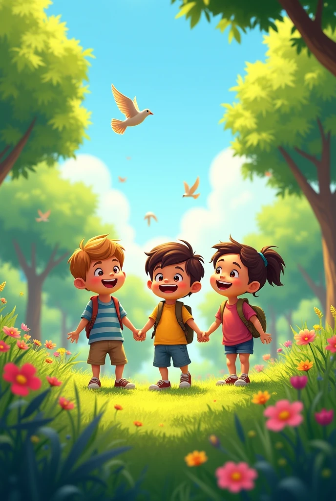 The three kids meet in a lush green park filled with tall trees, colorful flowers, and a bright blue sky. The park is vibrant and inviting, with birds flying and the sun shining down warmly."Curiosity Leading to Adventures