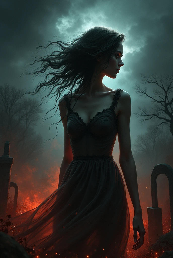 Generate a cover for a horror novel titled "Neither alive nor dead" with the following elements:
bottom:
Predominant colors: black, reddish and orange.
Environments: Dark night with dark clouds and light mist. Add fire effects or scattered ashes in the air.
Central Element:
Amelia figure:
During the day: Young and beautiful woman, elegantly dressed in light tones, with a fresh and attractive expression.
overnight: In the background or as a shadow, shows Amelia transformed into a disgusting, skeletal creature. Use dark tones and decomposition effects.
Elementos de bottom:
Cemetery with tombstones and dead trees.
Add subtle details of flames and ashes in the air for a hellish touch.
Additional Details:
Deep light and shadow effects on Amelia's figure and the background.
Texture that suggests a disturbing atmosphere.