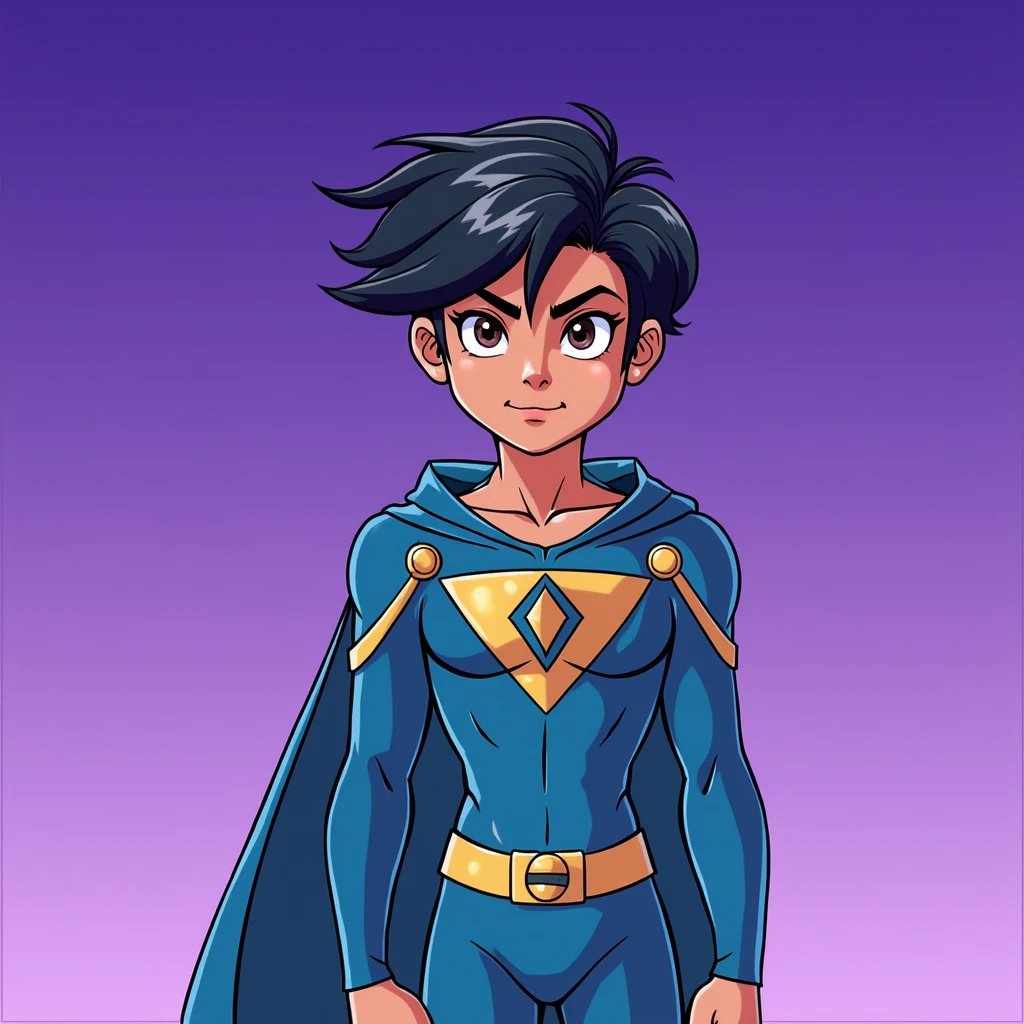 close up image depicts a young superhero character standing confidently against a gradient background that transitions from purple at the top to a lighter violet near the bottom. The character has short, wavy black hair and a determined expression, with raised eyebrows and focused eyes.
The superhero is wearing a blue costume with gold accents, including a belt and shoulder details. The suit has a triangular emblem on the chest, featuring a symbol that appears to be a simplified version of a diamond or a "V" shape. The cape matches the blue of the suit, and the overall design gives the character a sleek and modern appearance, with an emphasis on simplicity and bold colors.