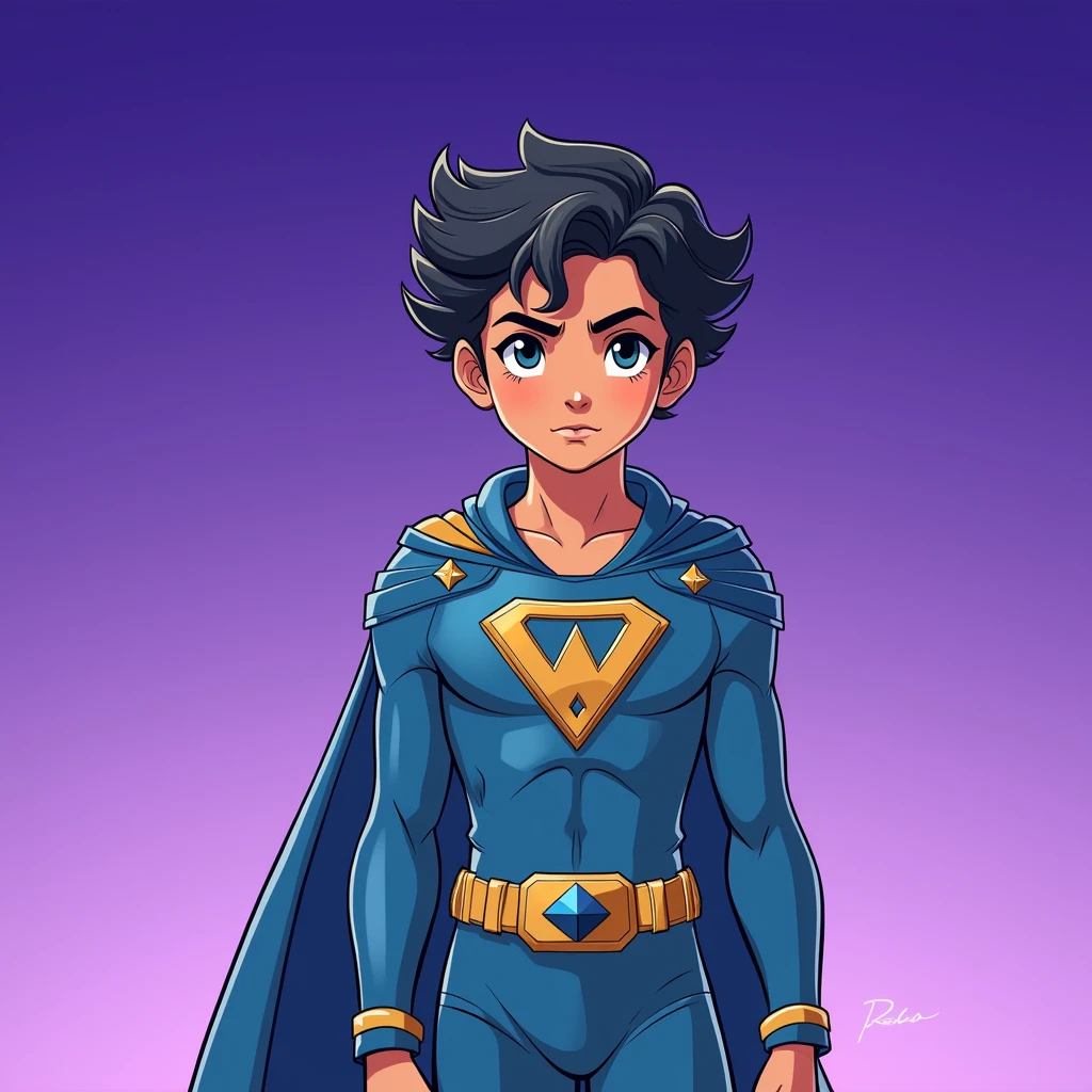 close up image depicts a young superhero character standing confidently against a gradient background that transitions from purple at the top to a lighter violet near the bottom. The character has short, wavy black hair and a determined expression, with raised eyebrows and focused eyes.
The superhero is wearing a blue costume with gold accents, including a belt and shoulder details. The suit has a triangular emblem on the chest, featuring a symbol that appears to be a simplified version of a diamond or a "V" shape. The cape matches the blue of the suit, and the overall design gives the character a sleek and modern appearance, with an emphasis on simplicity and bold colors.