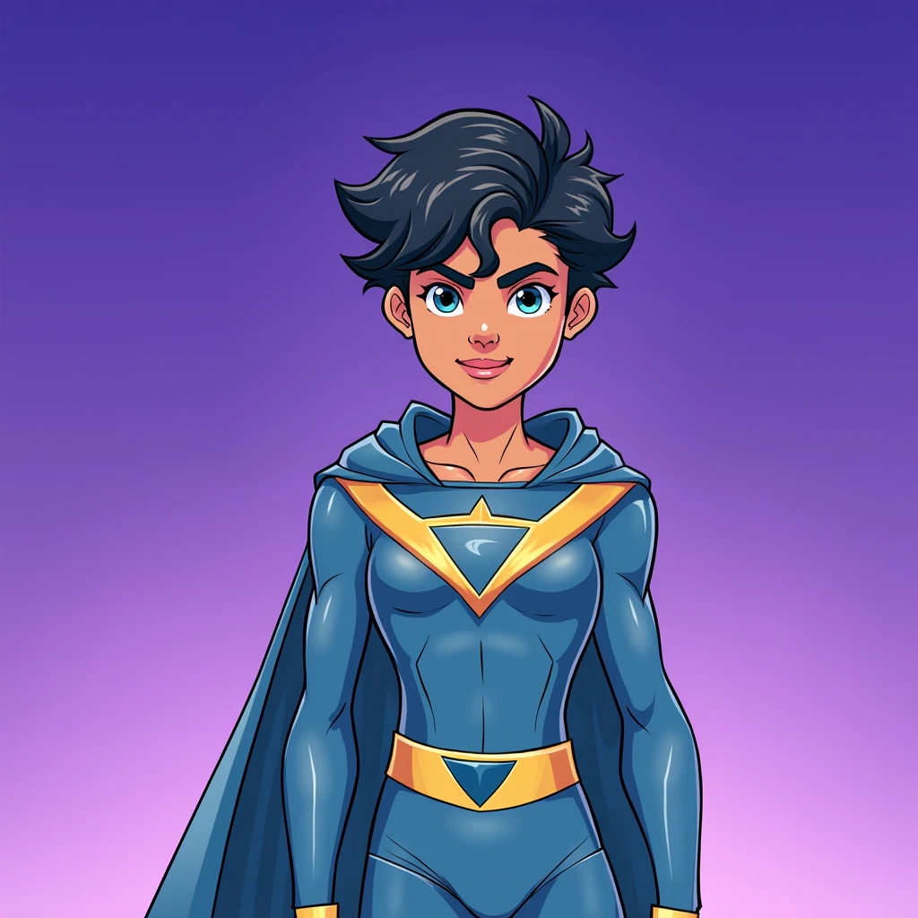 close up image depicts a young superhero character standing confidently against a gradient background that transitions from purple at the top to a lighter violet near the bottom. The character has short, wavy black hair and a determined expression, with raised eyebrows and focused eyes.

The superhero is wearing a blue costume with gold accents, including a belt and shoulder details. The suit has a triangular emblem on the chest, featuring a symbol that appears to be a simplified version of a diamond or a "V" shape. The cape matches the blue of the suit, and the overall design gives the character a sleek and modern appearance, with an emphasis on simplicity and bold colors.