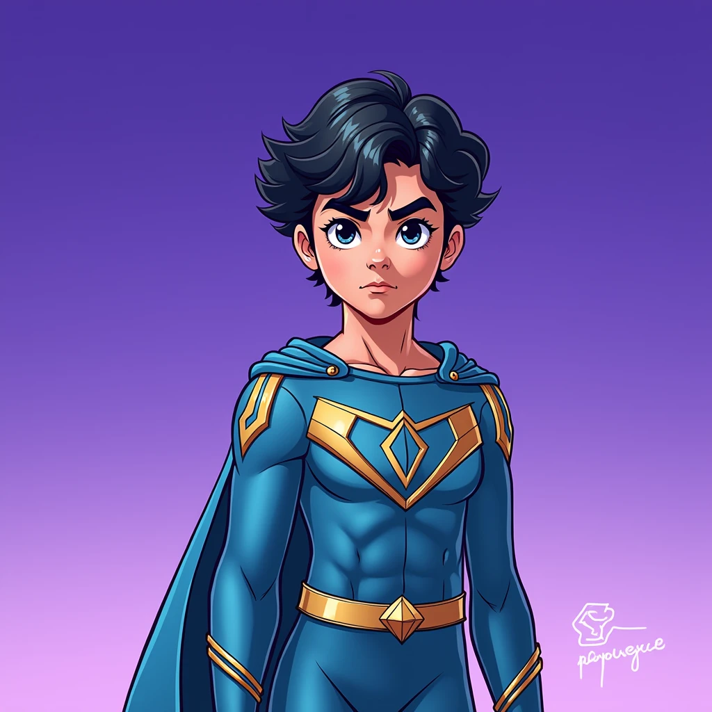 close up image depicts a young superhero character standing confidently against a gradient background that transitions from purple at the top to a lighter violet near the bottom. The character has short, wavy black hair and a determined expression, with raised eyebrows and focused eyes.

The superhero is wearing a blue costume with gold accents, including a belt and shoulder details. The suit has a triangular emblem on the chest, featuring a symbol that appears to be a simplified version of a diamond or a "V" shape. The cape matches the blue of the suit, and the overall design gives the character a sleek and modern appearance, with an emphasis on simplicity and bold colors.