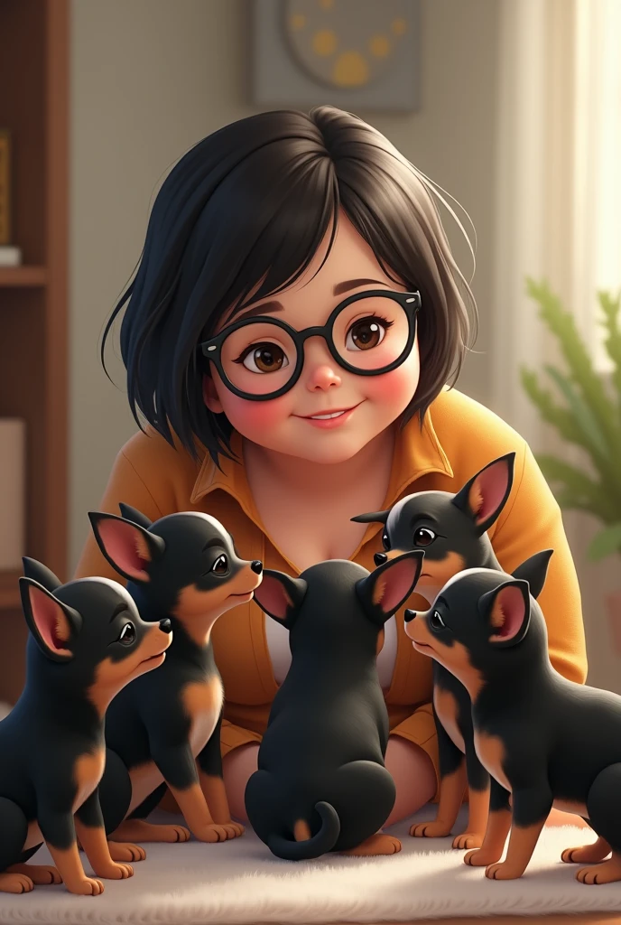 Chubby woman with short straight dark hair and glasses 6 black and brown chihuahua puppies