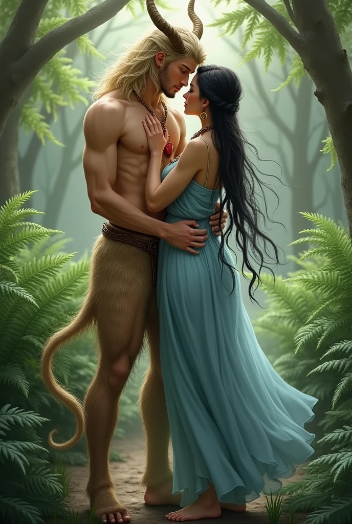 A handsome young man with long beige hair down to his knees. He is bare-chested and tanned.. He has brown furry legs with hooves., he is still a faun or a satyr. He is only , he is a very young satyr. It is very beautiful. He is very young.. Facial features are masculine, Asian. He has a red heart pendant on his chest.. He stands in a forest of ferns, and a woman hugs him. The woman has tanned skin, two long black thick braids down to the ground, Eyes black. She is dressed in a blue floor-length tunic with a brown belt.. On her head she has a thin and light transparent veil that reaches to the ground.. Shoes women brown sandals.

