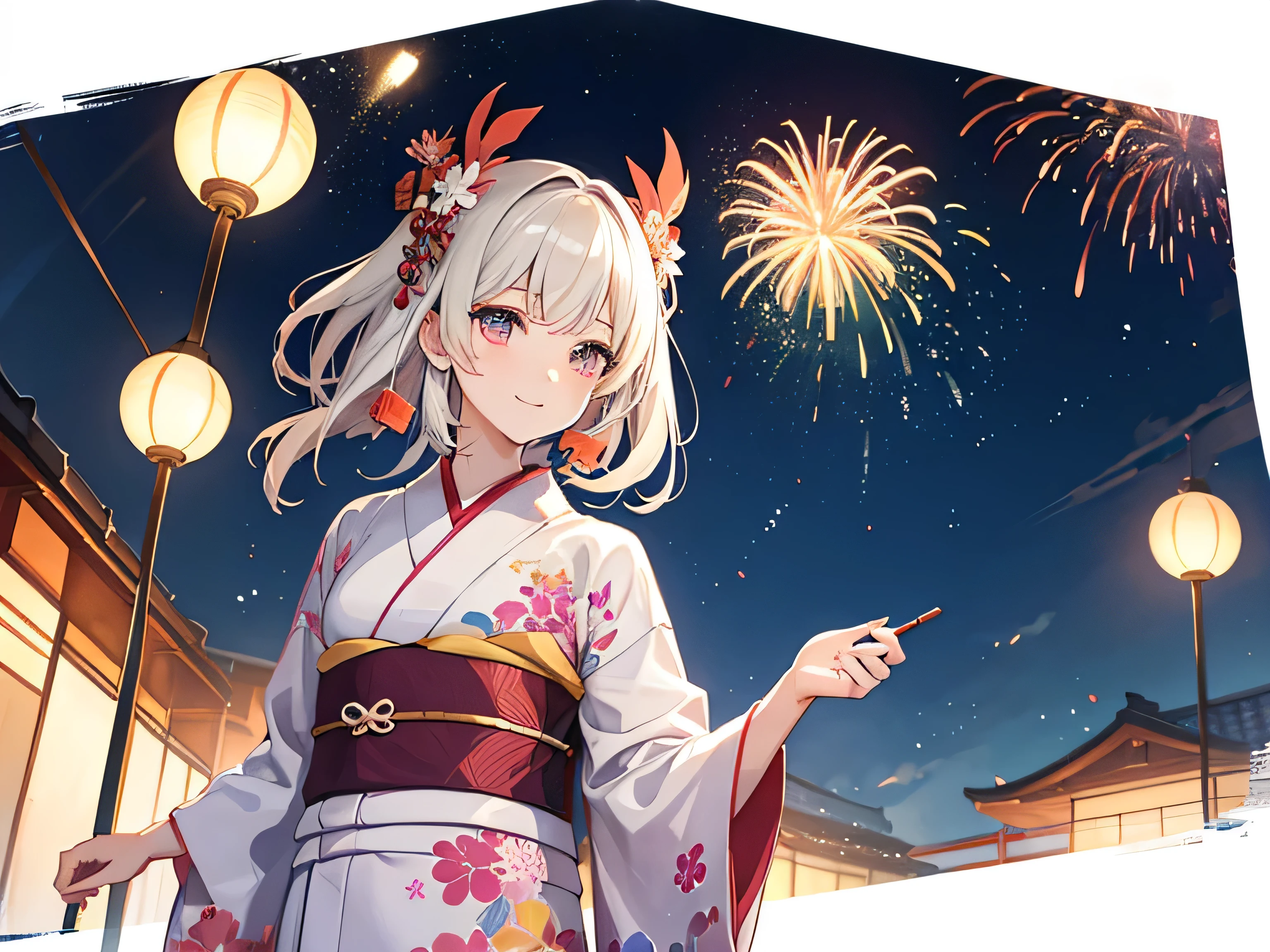 The beauty of Japanese yukata and fireworks in the background　Watercolor