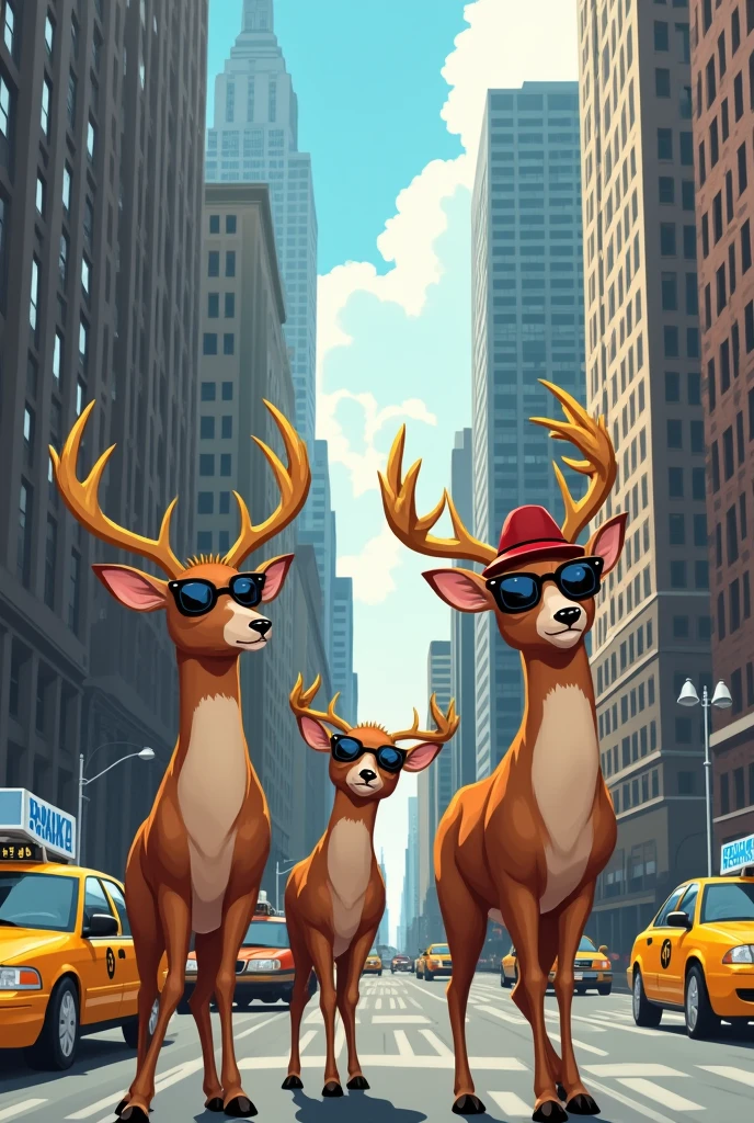 create 4 images in which 3 dear
taking selfie at new york downtown in different pose style