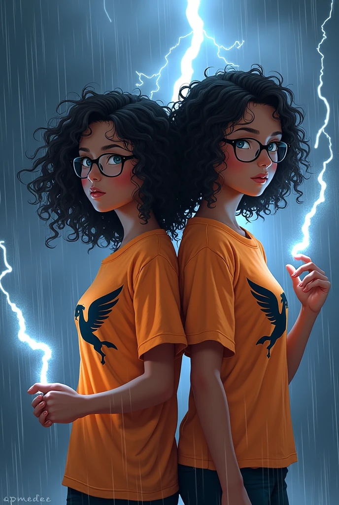 2 girl wearing glasses curly hair to shoulder dark skin brown eyes orange t-shirt with black Pegasus symbol in the rain looking to the side lightning in the sky wet rain holding a lightning bolt