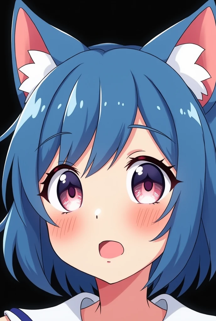 ear blush, by rubio, by the wide, swept bangs, Non-matching pupils, Sanpaku, cat ears, smile, animated style, tachi-e, High Definition, Black background, blue hair
