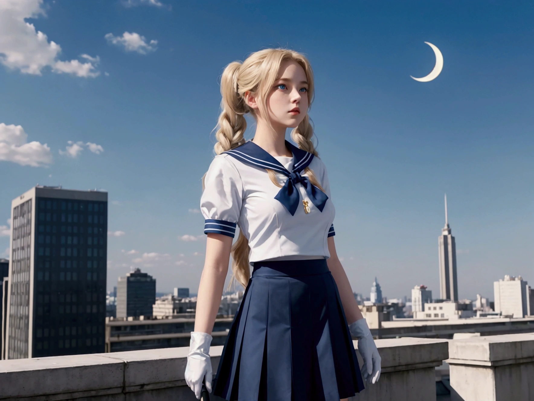 A confident young heroine with long, flowing blonde hair styled in twin buns and pigtails, dressed in a sailor-style uniform. She stands heroically on a rooftop overlooking a modern cityscape, holding a magical staff with a crescent moon and wings at the top. Her bright blue eyes shine with determination as she gazes into the distance, ready to defend the city. The uniform features a navy blue skirt, a white top with a large red bow, and white gloves. The background shows tall buildings under a clear blue sky, giving the scene a sense of grandeur and vigilance.
